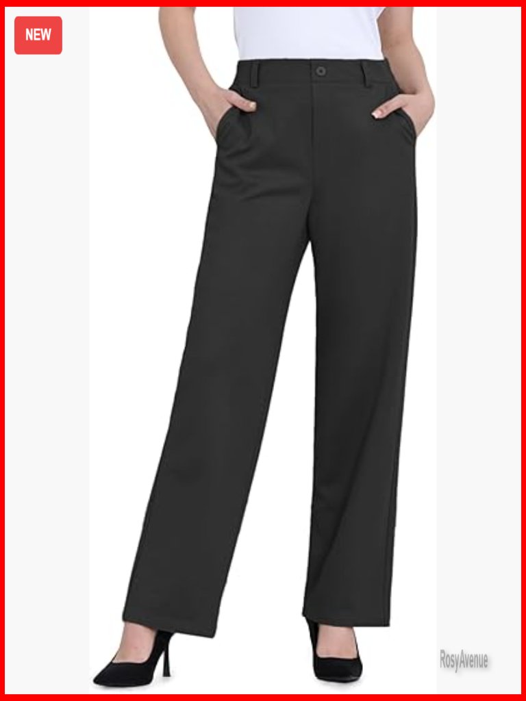 High Waisted Straight Leg Work Trousers Pull On Business Casual Slacks